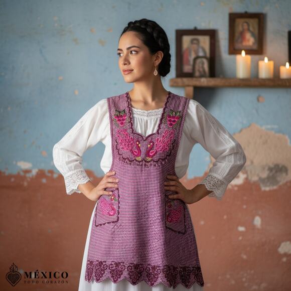 Pink Mexican Embroidered Apron – Standard Kitchen Apron Floral Embroidery - Picture 1 of 9